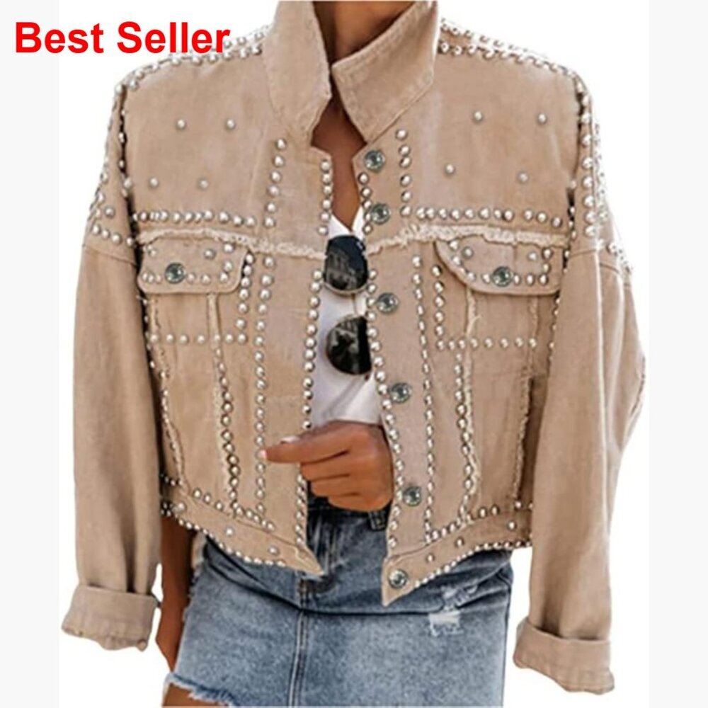 Long Sleeve Studded Denim Jacket with Rhinestone Embellishments
